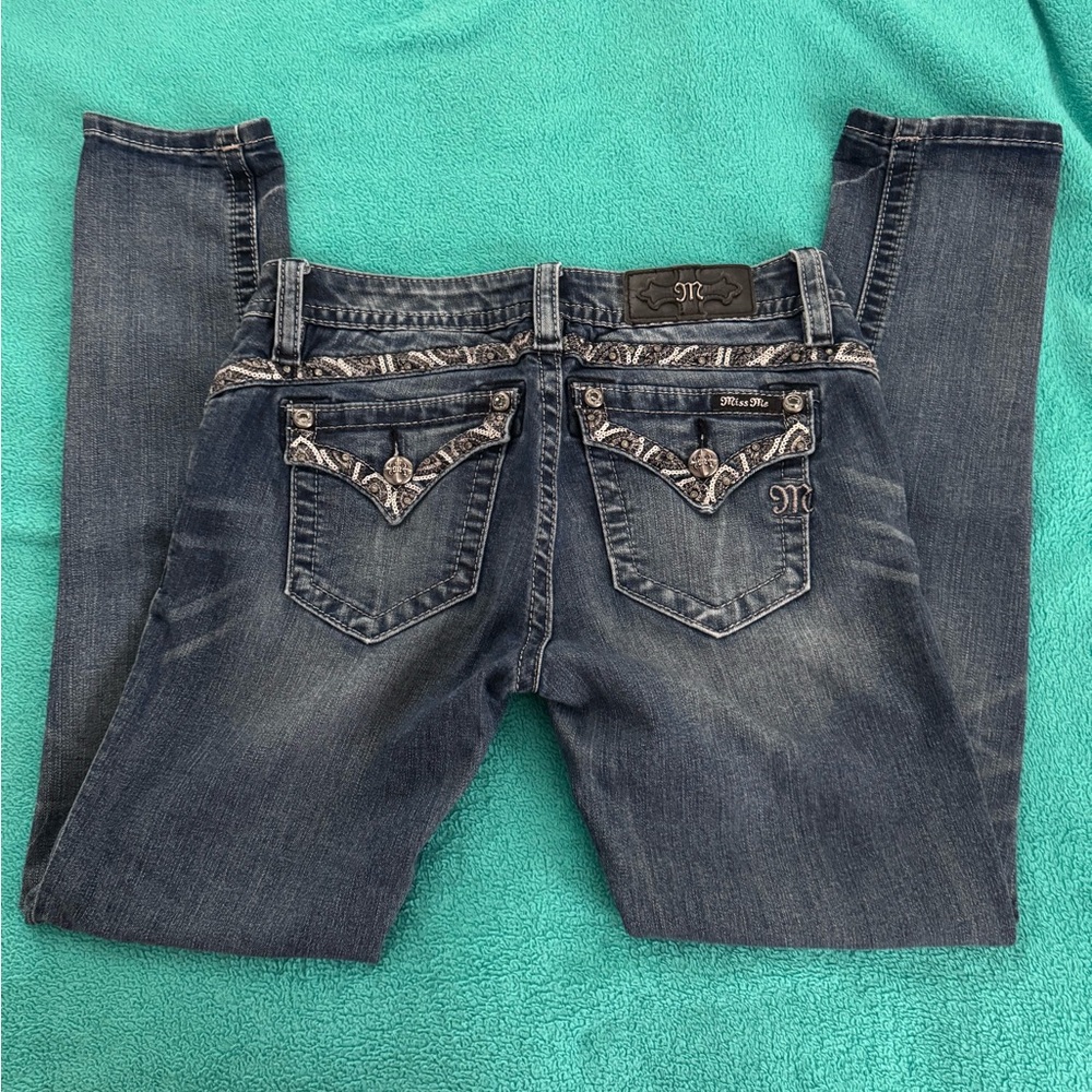 Miss Me Women's Cuffed Skinny Jeans - Dark Blue with Silver Accents